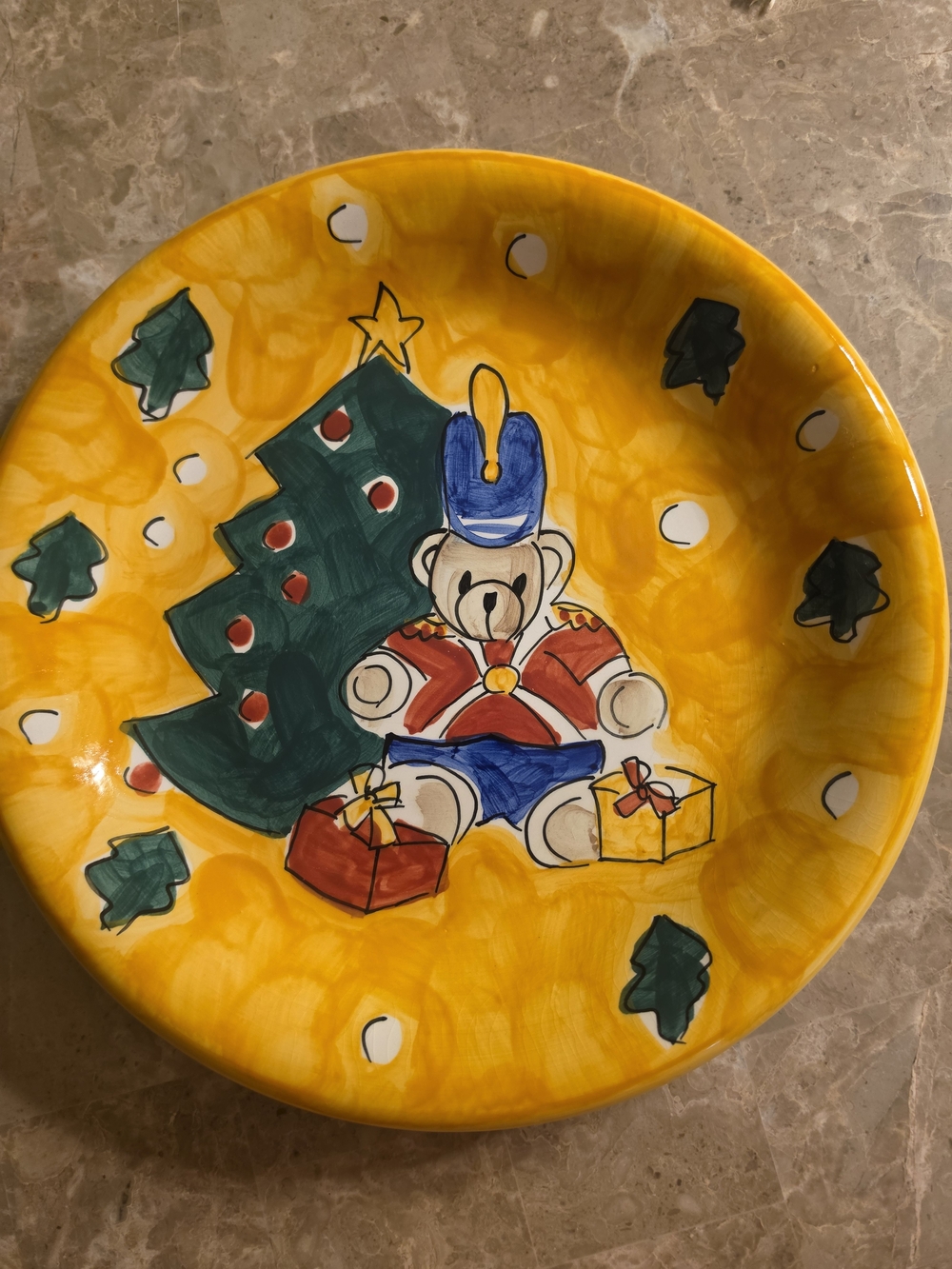 Gibson Yellow Teddy Bear Nutcracker Plate with Green Tree and Blue Hat